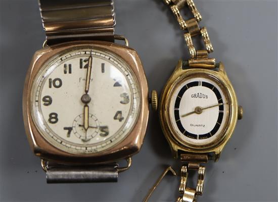 A gentlemans 9ct manual wind wrist watch on associated bracelet and a ladys quartz wrist watch on 9ct strap.